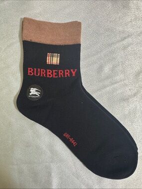 New! Burberry Black Crew Socks with Tan Cuff and Red Logo